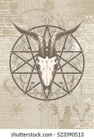 pentagram with the image of a goat skull on the background of the papyrus with occult symbols