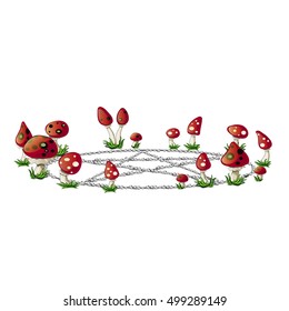 Pentagram lined with small stones in a clearing with fly agaric. Sketch for greeting card, festive poster or party invitations. The symbol of the religion Wicca. Vector.
