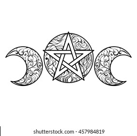 Pentagram with magic elements line art design for coloring books, anti stress color.