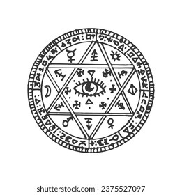 Pentagram with magic eye, satanic star and sacred aztec symbol. Vector alchemy, witchcraft and masonry, mystic amulet, meditation circle sketch