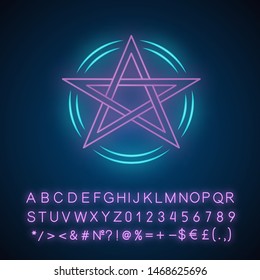 Pentagram neon light icon. Occult ritual pentacle. Devil star. Satanic, wiccan & pagan symbol. Witchcraft and diabolic sign. Mystic heptagram. Glowing alphabet, numbers. Vector isolated illustration