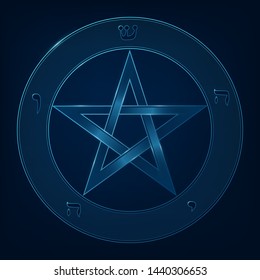 Pentagram. Neon sign of pentagram in circle on black background. Vector illustration.