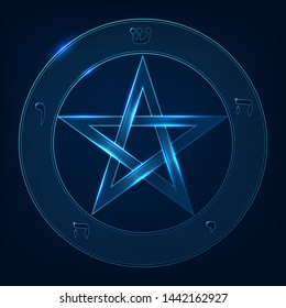 Pentagram. Neon sign of pentagram in circle on black background. Vector illustration.