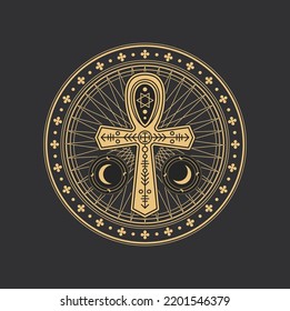 Pentagram occult circle symbol with Egypt ankh, esoteric magic and tarot, vector Egyptian cross. Occultism pentagram with illuminati star and occult ritual sign of ankh cross with sigil symbols