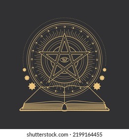 Pentagrama, símbolo esotérico oculto y tarot mágico del ojo en estrella de pentáculo, círculo vectorial. Libro de hechizos de magia negra en pentagrama, ocultismo y seña ritual de culto de brujería con constelación de sol y luna