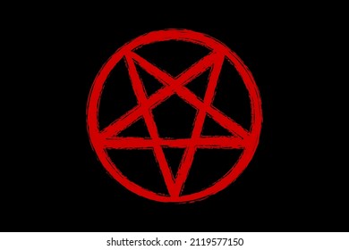 Pentagram Pentacle Wicca Star, red brush style, hand drawn tattoo satanic occult signs and mystic symbol, vector isolated on black background 