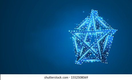 Pentagram or pentalpha or pentangle sign. Ancient pagan symbol of five-pointed star. Abstract digital wireframe, low poly mesh, vector blue neon 3d illustration. Triangle, line, dot