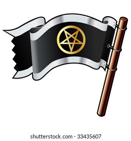 Pentagram religious icon on black, silver, and gold vector flag good for use on websites, in print, or on promotional materials