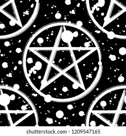 Pentagram seamless pattern, brush drawing magic occult star symbol and paint splatter. Vector background illustration in white isolated over black.