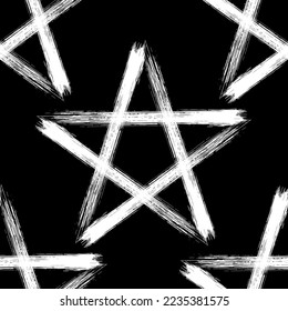 Pentagram seamless pattern, brush drawing magic occult star symbol. Vector background illustration in white over black.