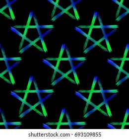 Pentagram seamless pattern, brush drawing magic occult star symbol. Vector background illustration in blue and green isolated over black.