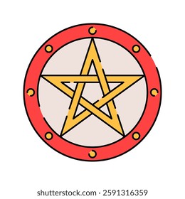 Pentagram Shield Flat design style, gold pentagram in a red circle, symbolizing mysticism and protection, perfect for esoteric themes, occult designs, and fantasy illustrations.