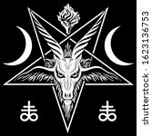 The pentagram, the sign of Lucifer. The head of a horned Goat in a pentagram. Sigil of Baphomet, isolated on black, vector illustration