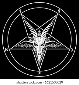 The pentagram, the sign of Lucifer. The head of a horned Goat in a pentagram. Sigil of Baphomet, isolated on black, vector illustration