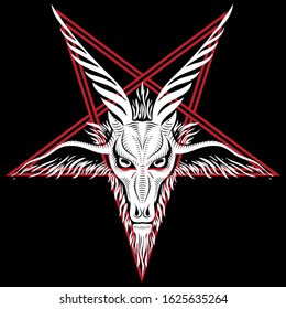 The pentagram, the sign of Lucifer. The head of a horned Goat. Sigil of Baphomet, isolated on black, vector illustration