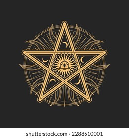 Pentagram spiritual symbol, isolated amulet with mysterious signs, magic talisman. Occult esoteric vector Pentacle star surrounded with crescent moons, sun, circle and triangle shapes in center