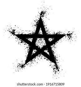 Pentagram splattered with black paint on white background. Five pointed star, splashed with black paint. Geometric star figure, can be drawn with five straight strokes. Isolated illustration. Vector.