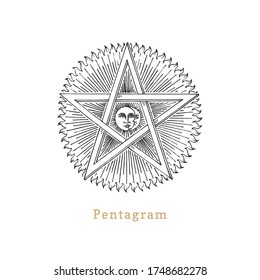 Pentagram with Sun and Crescent, vector illustration in engraving style. Vintage pastiche of esoteric and occult sign. Drawn sketch of magical and mystical symbol.