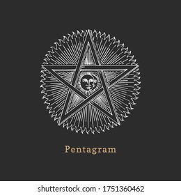 Pentagram with Sun and Crescent, vector illustration in engraving style. Vintage pastiche of esoteric and occult sign. Drawn sketch of magical and mystical symbol.