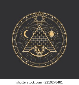 Símbolo pentagrama, círculo y triángulo mágico de la pirámide de Egipto con signo de tarot ocular esotérico vectorial. Símbolo pentagram de alquimia, estrella iluminada y pirámide sagrada freemason con luna, sol y ojo