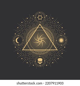 Pentagram Symbol, Magic Occult And Esoteric Star And Circle In Vector Pyramid. Alchemy And Tarot Symbol Of Moon, Sun And Skull Icons In Mystic Gold Wheel In Triangle, Astrology And Scared Geometry