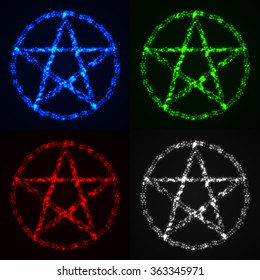 Pentagram symbols on dark background. Four colors set.