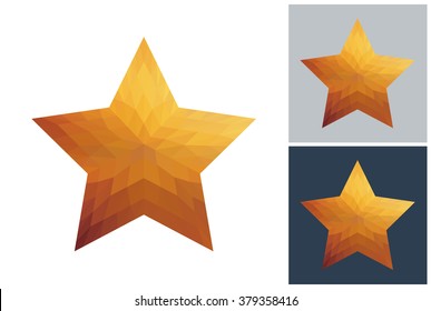 Pentagram vector in gold low poly style on white, gray and dark background.