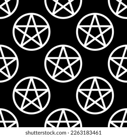 Pentagram vector seamless pattern, magic occult star symbol. Background illustration in black over white. Wicca and pagan beliefs.