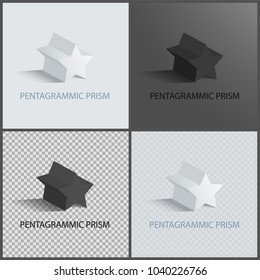 Pentagrammic prisms isolated on black and white, transparent backdrops, star prism, vector illustration, text sample, geometric figures collection