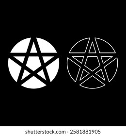 Pentakl Neopagan Wicca Pentacle Neo paganism sign five pointed star in circle inside round Pentagram magic symbol set icon white color vector illustration image solid fill outline contour line thin 