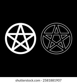 Pentakl Neopagan Wicca Pentacle Neo paganism sign five pointed star in circle inside round Pentagram magic symbol set icon white color vector illustration image solid fill outline contour line thin 