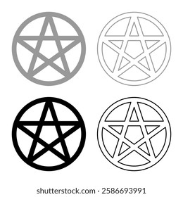 Pentakl Neopagan Wicca Pentacle Neo paganism sign five pointed star in circle inside round Pentagram magic symbol set icon grey black color vector illustration image solid fill outline contour line 