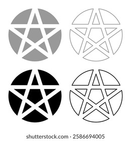 Pentakl Neopagan Wicca Pentacle Neo paganism sign five pointed star in circle inside round Pentagram magic symbol set icon grey black color vector illustration image solid fill outline contour line 