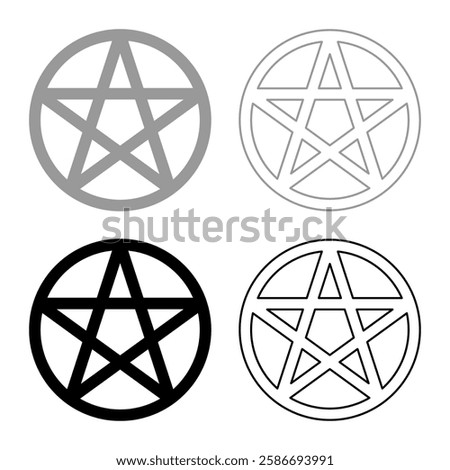 Pentakl Neopagan Wicca Pentacle Neo paganism sign five pointed star in circle inside round Pentagram magic symbol set icon grey black color vector illustration image solid fill outline contour line 