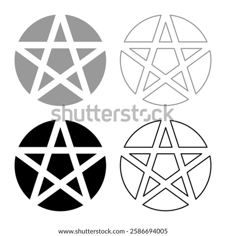 Pentakl Neopagan Wicca Pentacle Neo paganism sign five pointed star in circle inside round Pentagram magic symbol set icon grey black color vector illustration image solid fill outline contour line 