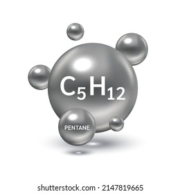 Pentane gas (C5H12) molecule models and Physical chemical formulas. Natural gas combustible gaseous fuel. Ecology and biochemistry science concept. Isolated on white background. 3D Vector.