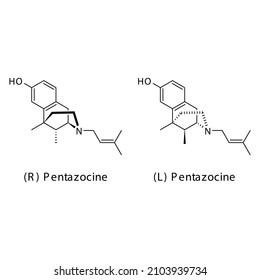 Estructura molecular pentazocina, fórmula química esquelética plana. Opioide, analgésico, narcótico, analgésico. Ilustración vectorial.