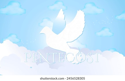 
In: Pentecost Artwork. Schöne weiße Taube fliegt in den Himmel. Symbolischer Heiliger Geist über den Wolken. Vektorillustration.