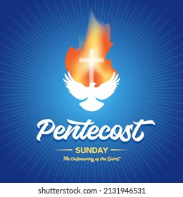 Pentecost day with dove in tongues fire. Vector illustration 