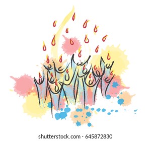 Pentecost - descent of the Holy Spirit in form of tongues of fire, with symbolic people or apostoles. Abstract artistic modern digital watercolor style illustration made without reference image.