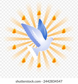 Pentecost dove with fire flames illustration on transparent background