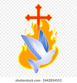 Pentecost dove with fire flames illustration on transparent background