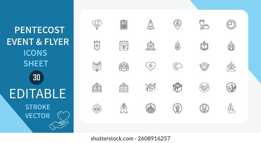 Pentecost Event and Flyer line icons set. Spirit, Dove, Fire, Tongues Background, Flyer, Sunday, Holy and more. Outline vector icon in linear style. Editable stroke. Vector illustration.