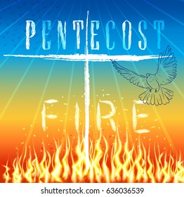Pentecost fire. Trinity holiday. Rays and pigeon as a symbol of the holy spirit. Vector design. 