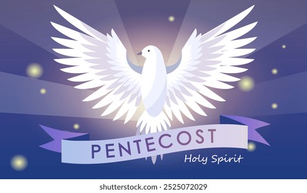 Pentecost holy spirit. Burning bright dove. Traditional religious holiday and festival. Faith and belief. Catholic and Christians. Poster or banner. Flat vector illustration