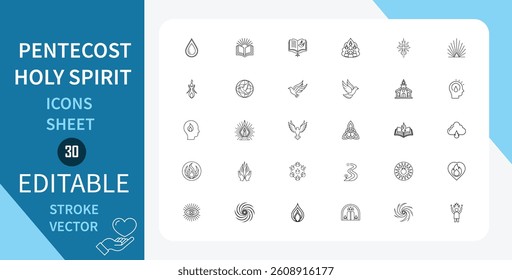 Pentecost Holy Spirit line icons set. Background, Flyer, Sunday, Holy spirit, Religious, Christianity and more. Outline vector icon in linear style. Editable stroke. Vector illustration.
