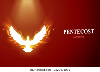 Bandeira abstrata de domingo de Pentecostes com pomba voando, fogo de pentecostes. Cartaz horizontal. Cabeçalho do site, postagem de mídia social, Cartão de oração
