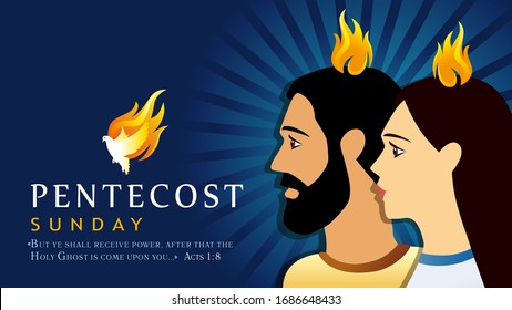Pentecost Sunday banner with apostles and Holy Spirit in flame. Template invitation for Pentecost day with dove in tongues fire and text Acts 1:8. Vector illustration