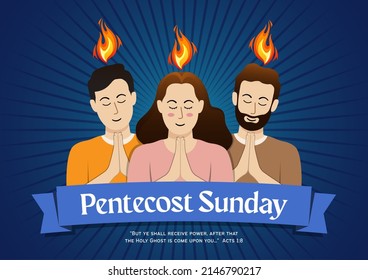 Pentecost Sunday Banner With Apostles And Holy Spirit In Flame. Pentecost Day With Dove In Tongues Fire.