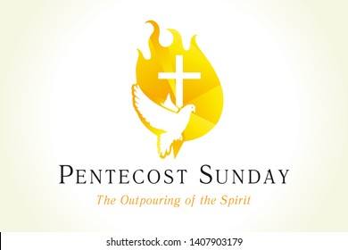 Pentecost sunday banner with dove & cross in flame. Invitation the christian service of pentecost with Holy Spirit and text. Vector illustration